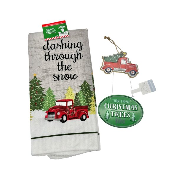 Christmas Winter Set Kitchen Towel 15x25 plus 2 Matching Tree Themed Ornaments - Picture 1 of 6